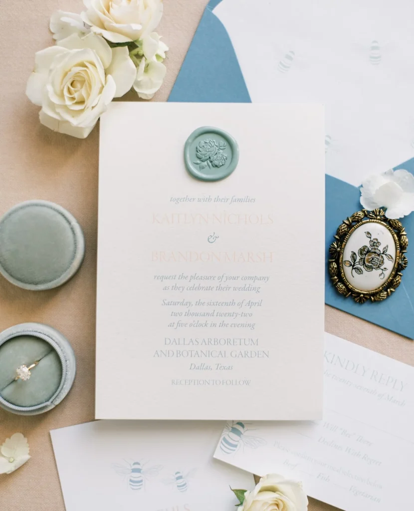 This nature-lover invitation suite is un-BEE-lievable!! With a touch of elegance from the soft color palette and floral wax seal,