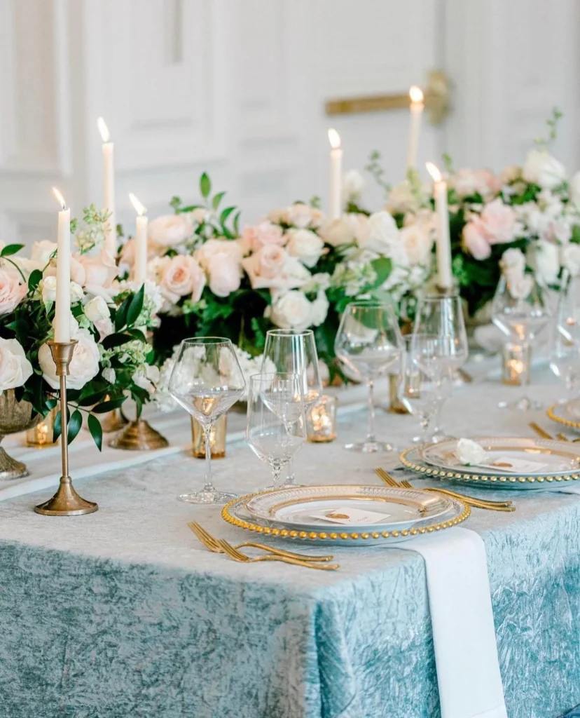 A baby blue, ballroom wedding reception. ? mkeventboutique acted as a fairy godmother by putting together this blush and blue